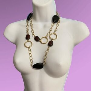 LIA SOPHIA Long Gold Tone Links Chunky Wood Beads Necklace.